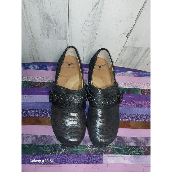 NURSE MATES CHELSEA BLACK LEATHER MERMAID BUCKLE CLOG SHOES SLIP PROOF SZ 11 - Picture 3 of 10